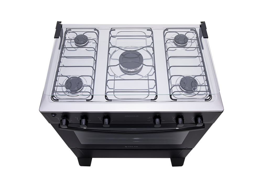 Fogão 5 Bocas Preto com Mesa Inox Atlas Mônaco Plus Bivolt