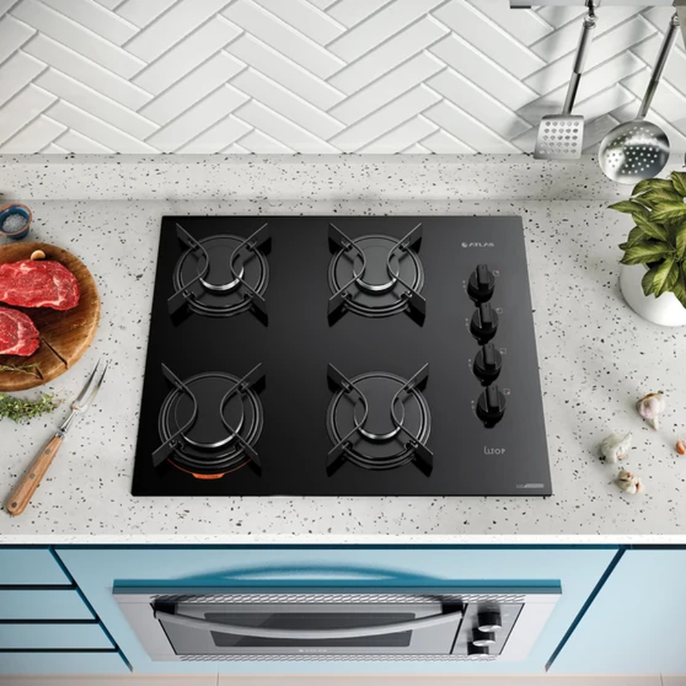 Cooktop 4 Bocas Preto com Mesa de Vidro Atlas U Top Bivolt