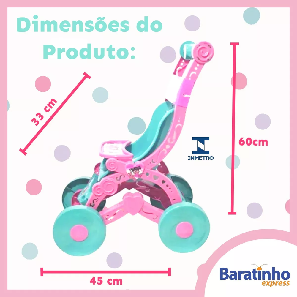 Carrinho De Bonecas Infantil Rosa Passeio Menina 60cm