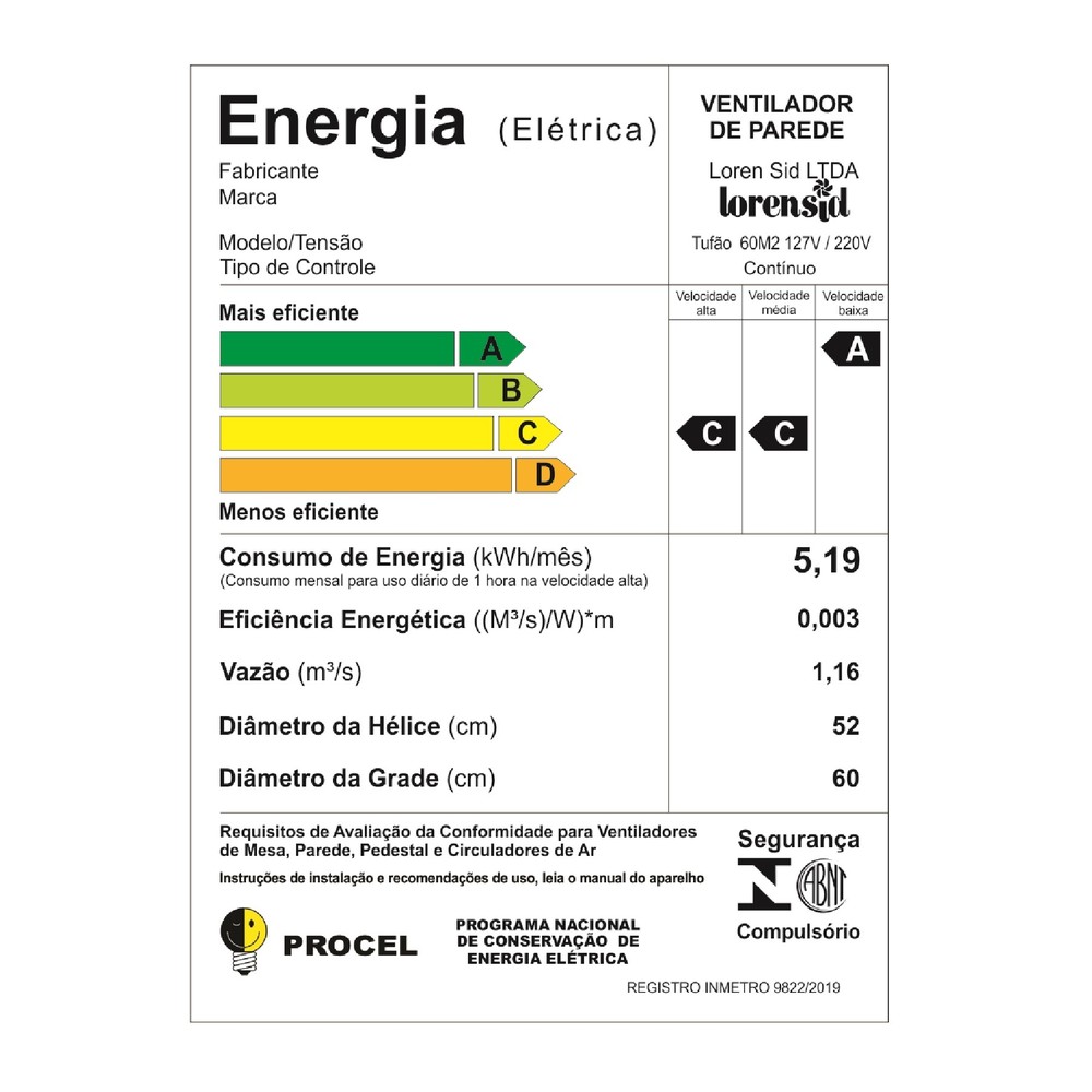 Ventilador de Parede Loren Sid 60cm Tufão Bivolt Preto