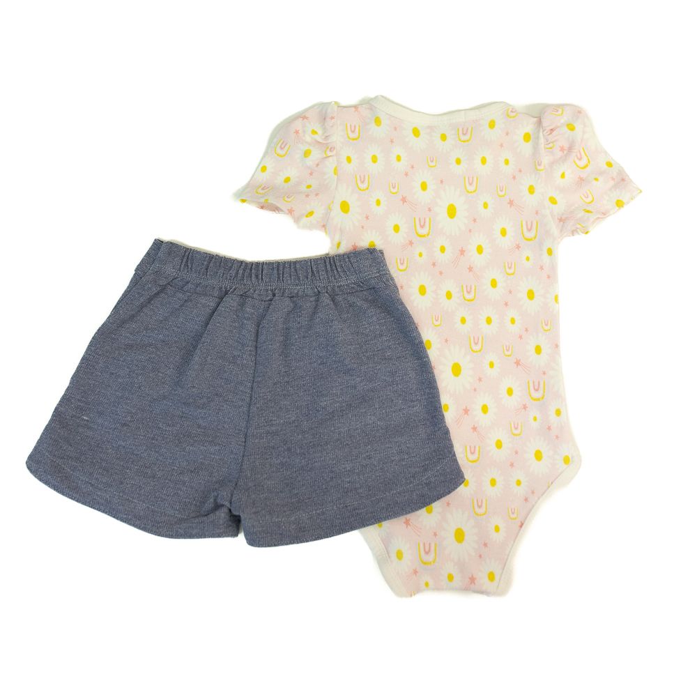 Conjunto Bebê Body Florido em Cotton e Bermuda Jeans