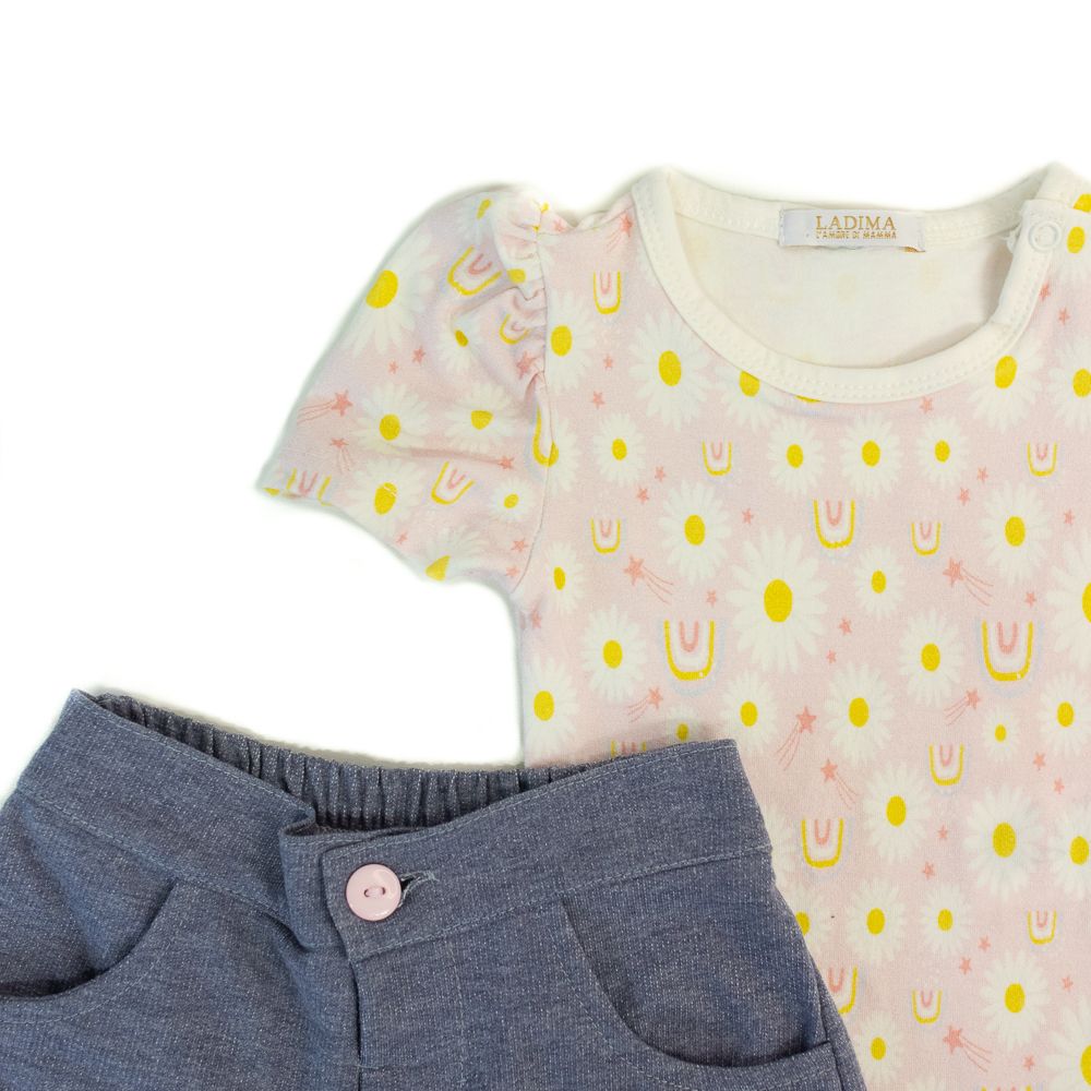 Conjunto Bebê Body Florido em Cotton e Bermuda Jeans