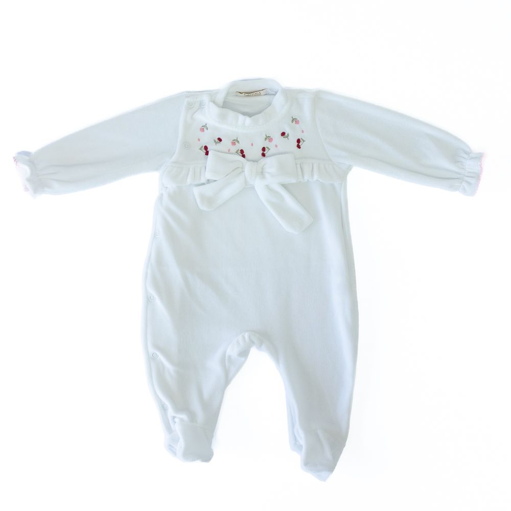 Macacão Bebê Menina Bordado Cereja Cherry em Plush 