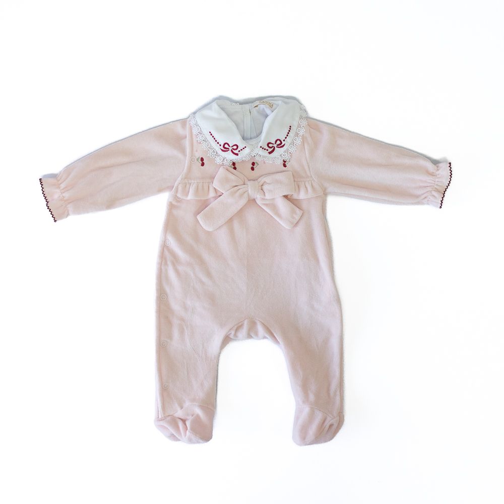Macacão Bebê Menina Bordado Cereja Cherry em Plush 