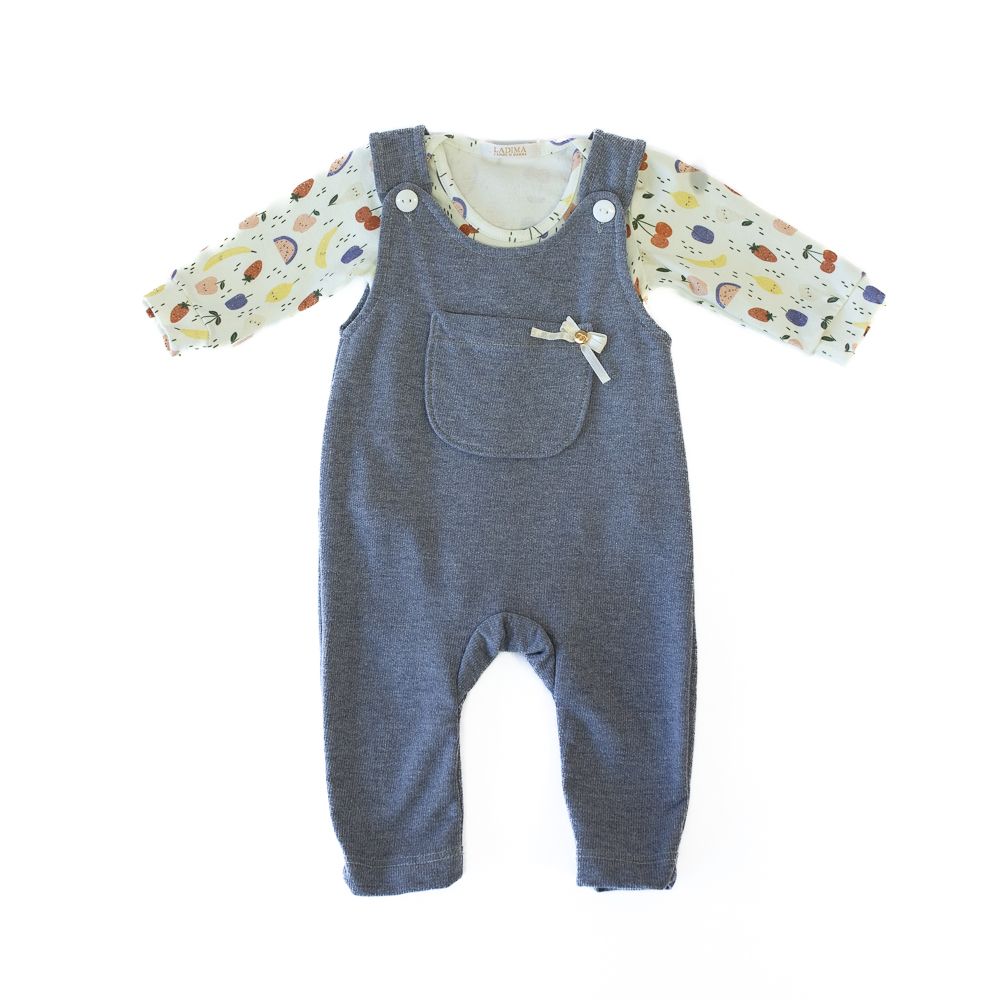 CONJUNTO JARDINEIRINHA JEANS COM BODY ESTAMPADO FRUIT