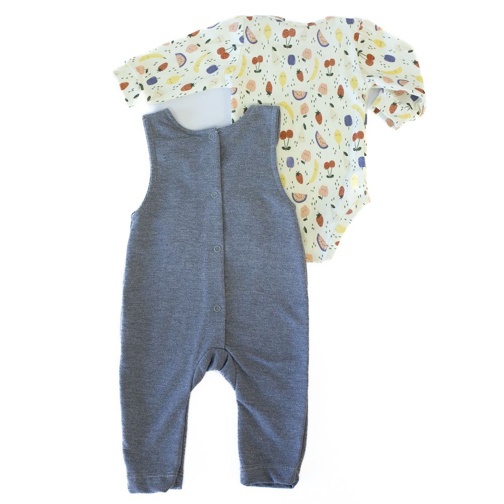 CONJUNTO JARDINEIRINHA JEANS COM BODY ESTAMPADO FRUIT