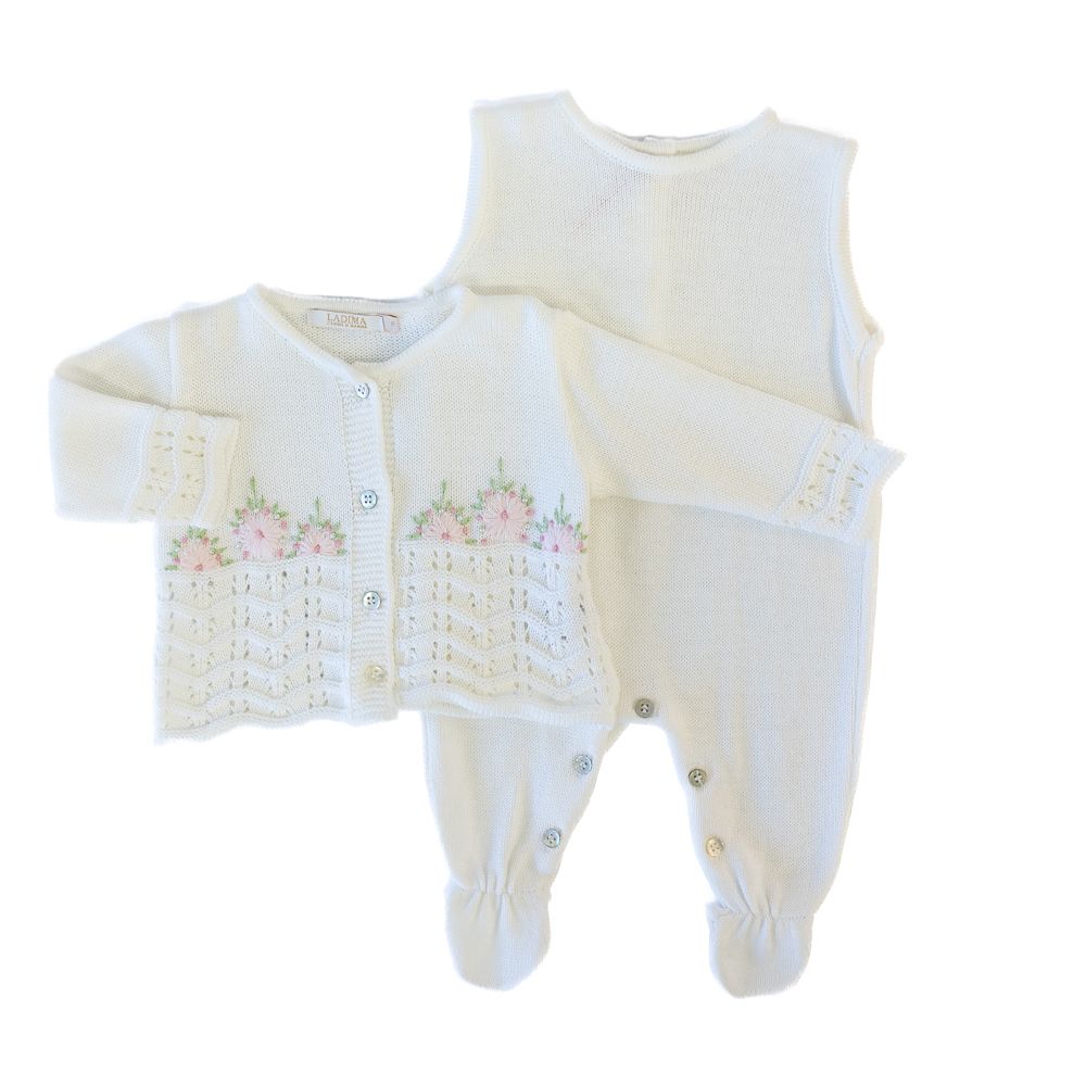 Conjunto Macacão Celine com Casaquinho Tricô Bordado Flores