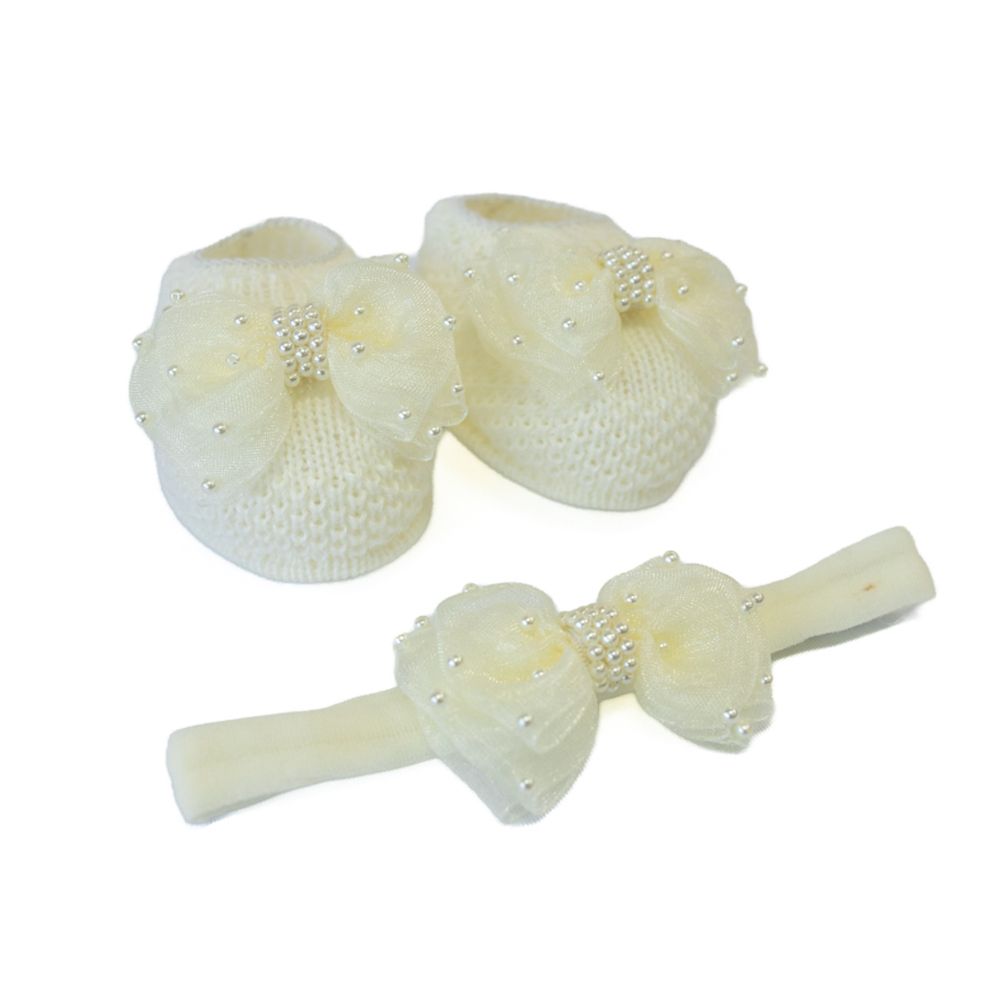 Kit Sapatinho Bebê e Faixa de Cabelo com Pérolas Delicadas