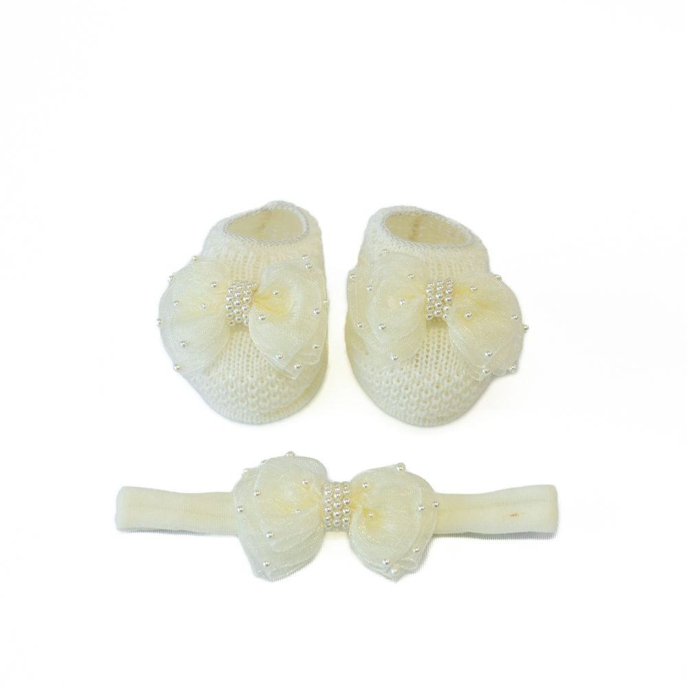 Kit Sapatinho Bebê e Faixa de Cabelo com Pérolas Delicadas