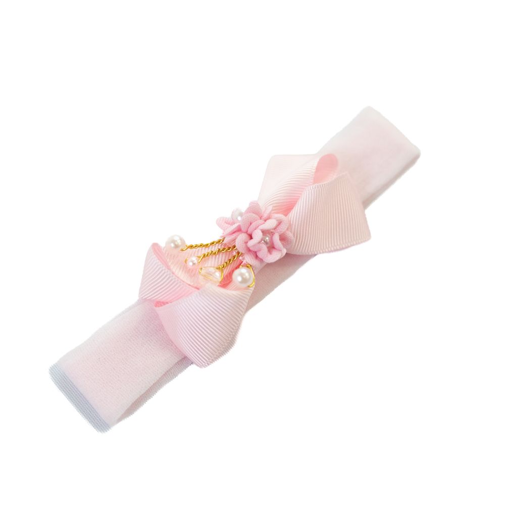 Faixa de Cabelo Bebê com Laço e Flor com Pérolas Laterais