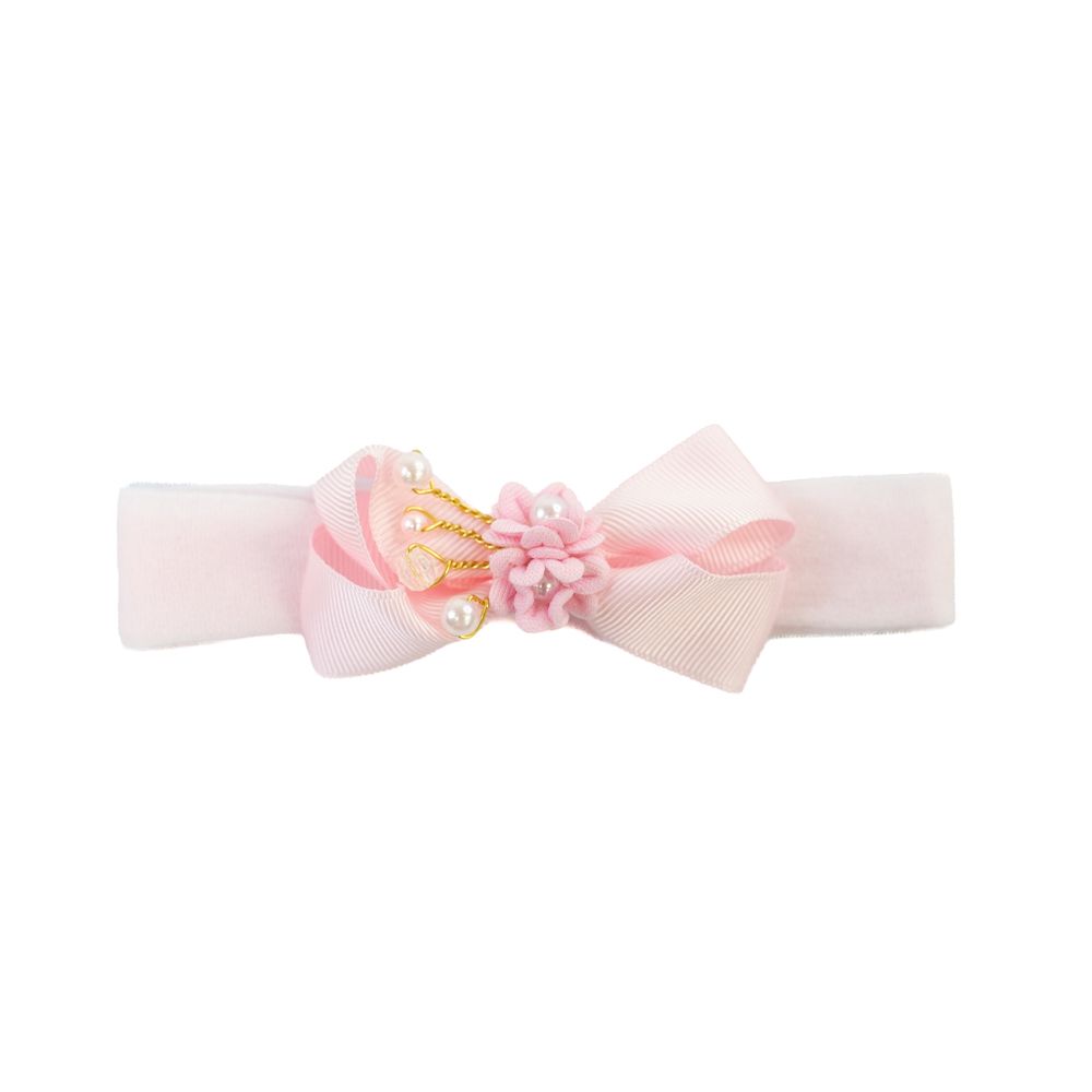 Faixa de Cabelo Bebê com Laço e Flor com Pérolas Laterais