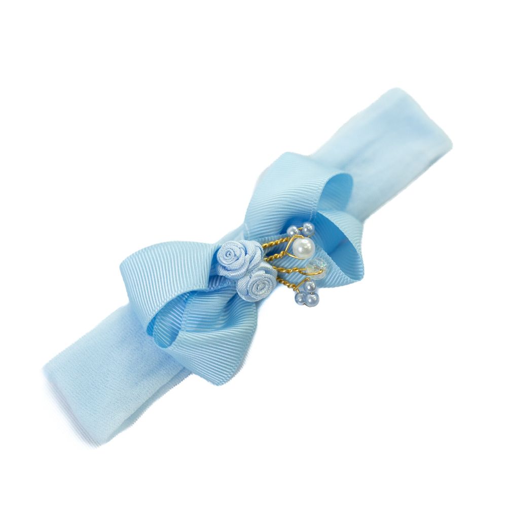 Faixa de Cabelo Bebê com Laço e Flor com Pérolas Laterais