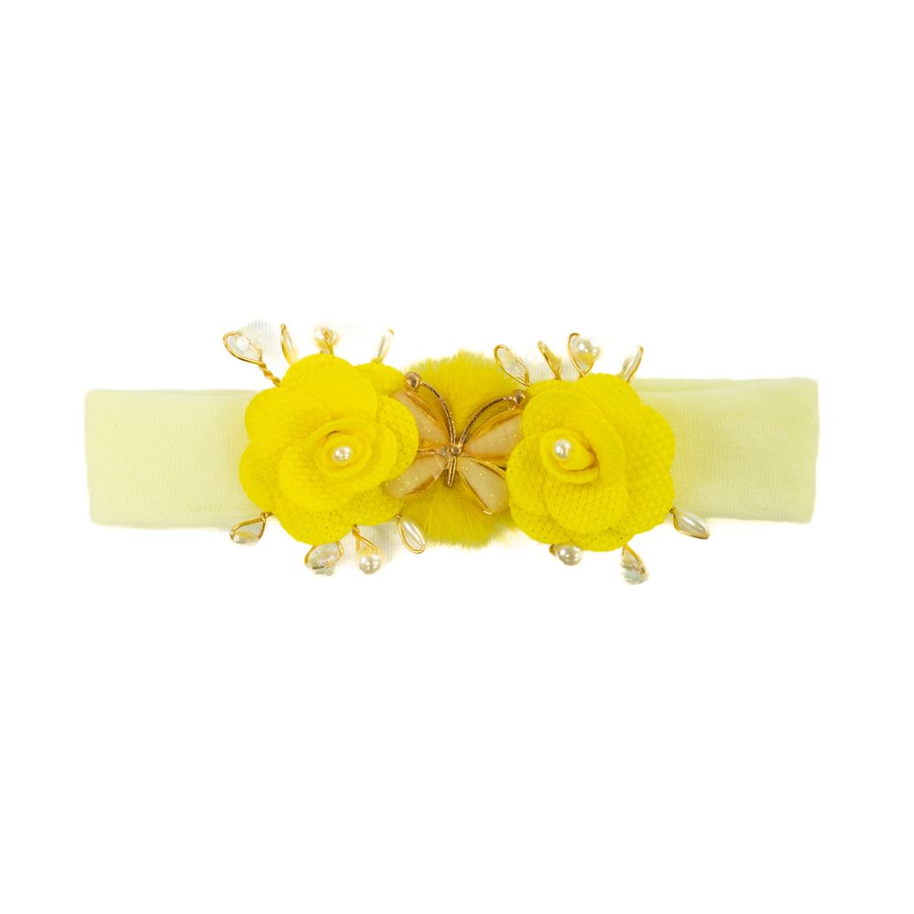 Faixa de Cabelo Bebê Amarela com Borboleta e Flores