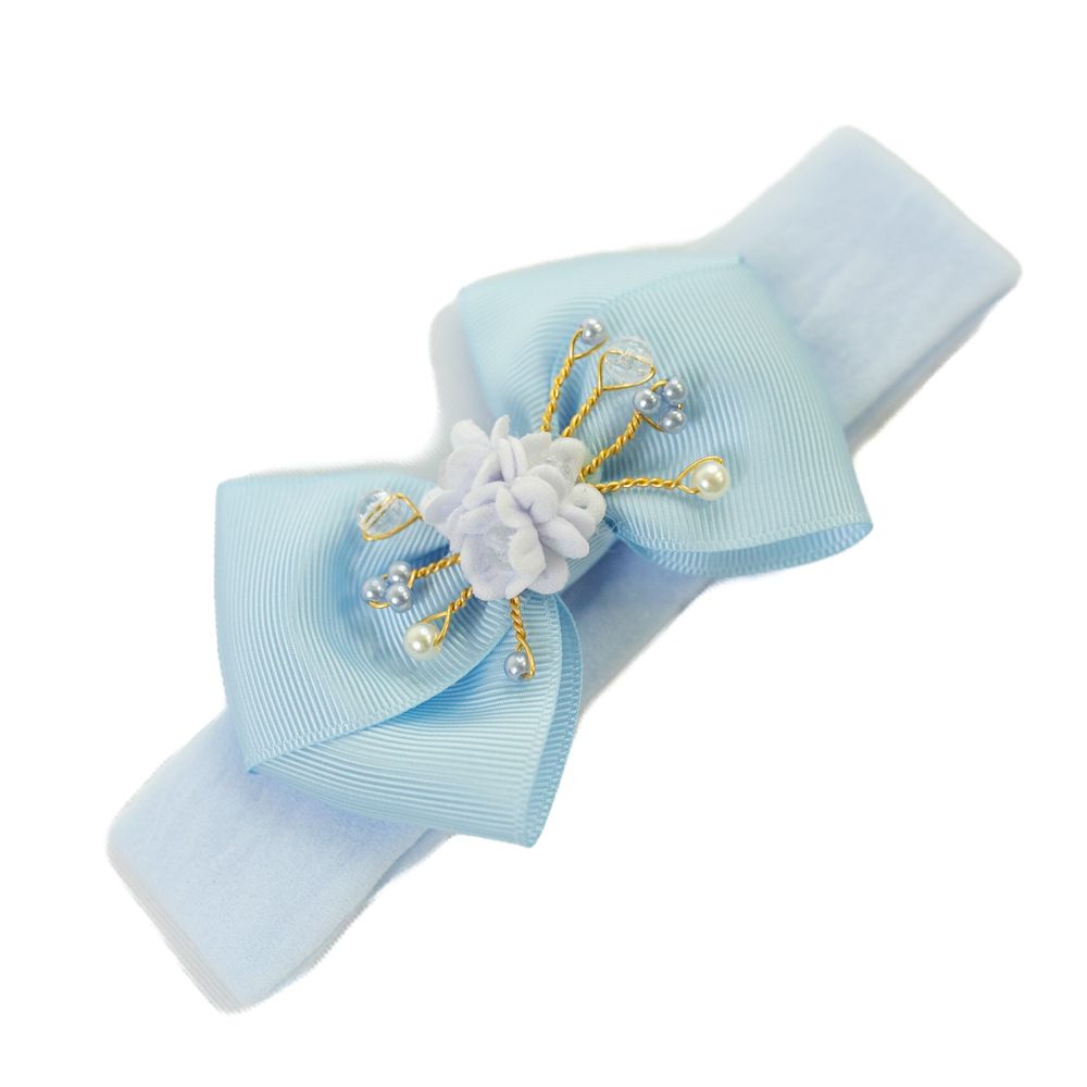 Faixa de Cabelo de Laço e Flores com Aplique em Pérolas