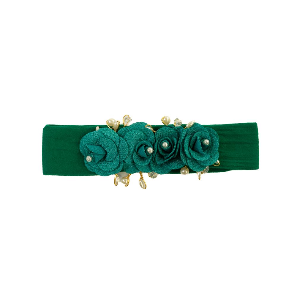 Faixa de Cabelo Bebê Menina Verde com Flores e Pérolas