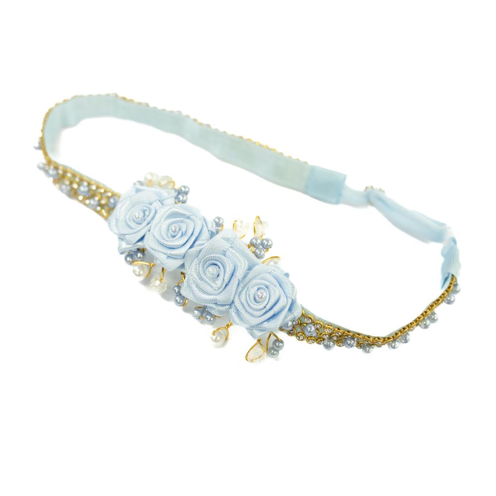 Faixa de Cabelo Bebê de Strass com Quatro Flores e Pérolas