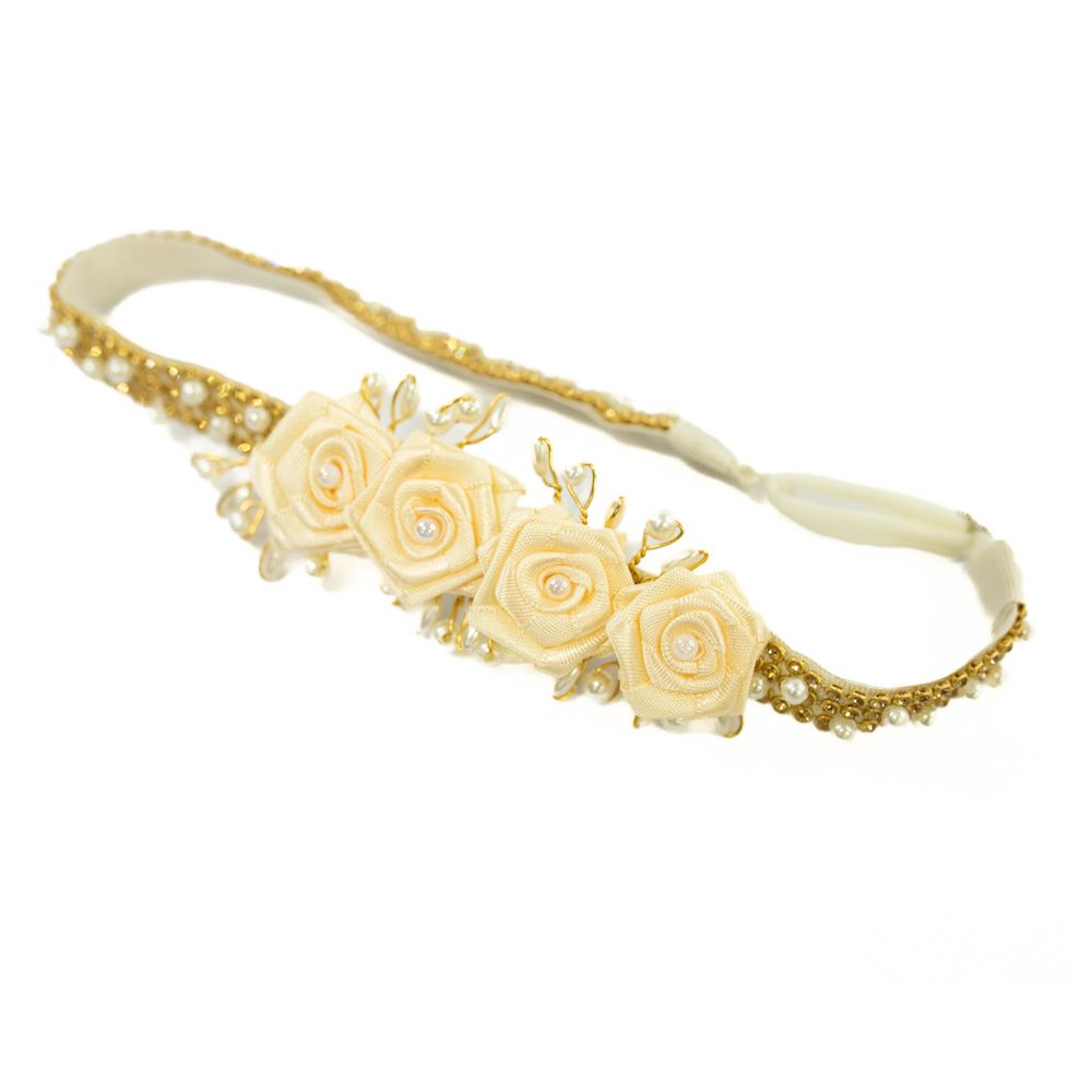 Faixa de Cabelo Bebê de Strass com Quatro Flores e Pérolas