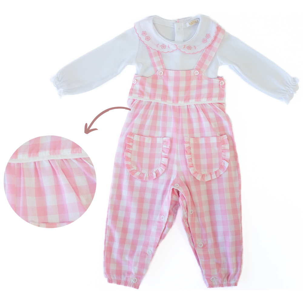 CONJUNTO LONGO BEBÊ MENINA JARDINEIRA XADREZ ROSA
