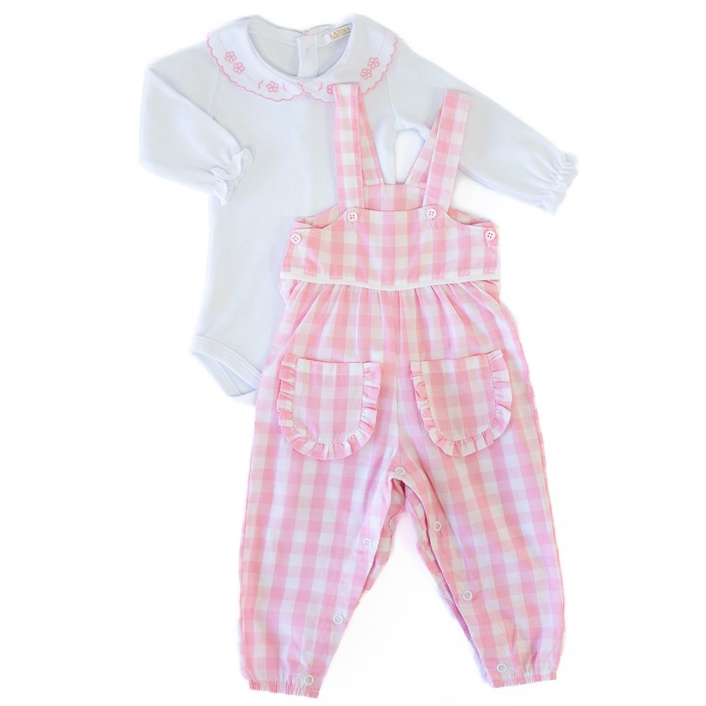 CONJUNTO LONGO BEBÊ MENINA JARDINEIRA XADREZ ROSA