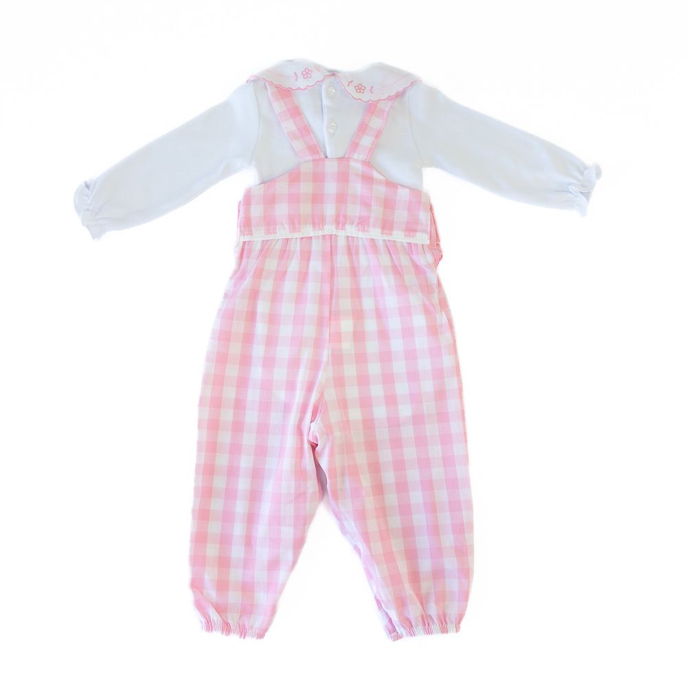CONJUNTO LONGO BEBÊ MENINA JARDINEIRA XADREZ ROSA