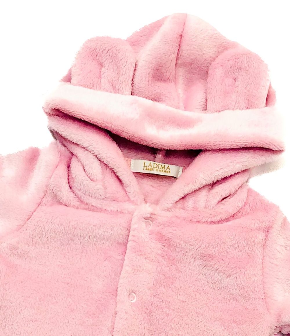 Macacão Bebê Menina de Pelúcia Capuz com Orelhinhas 3D Rosa 