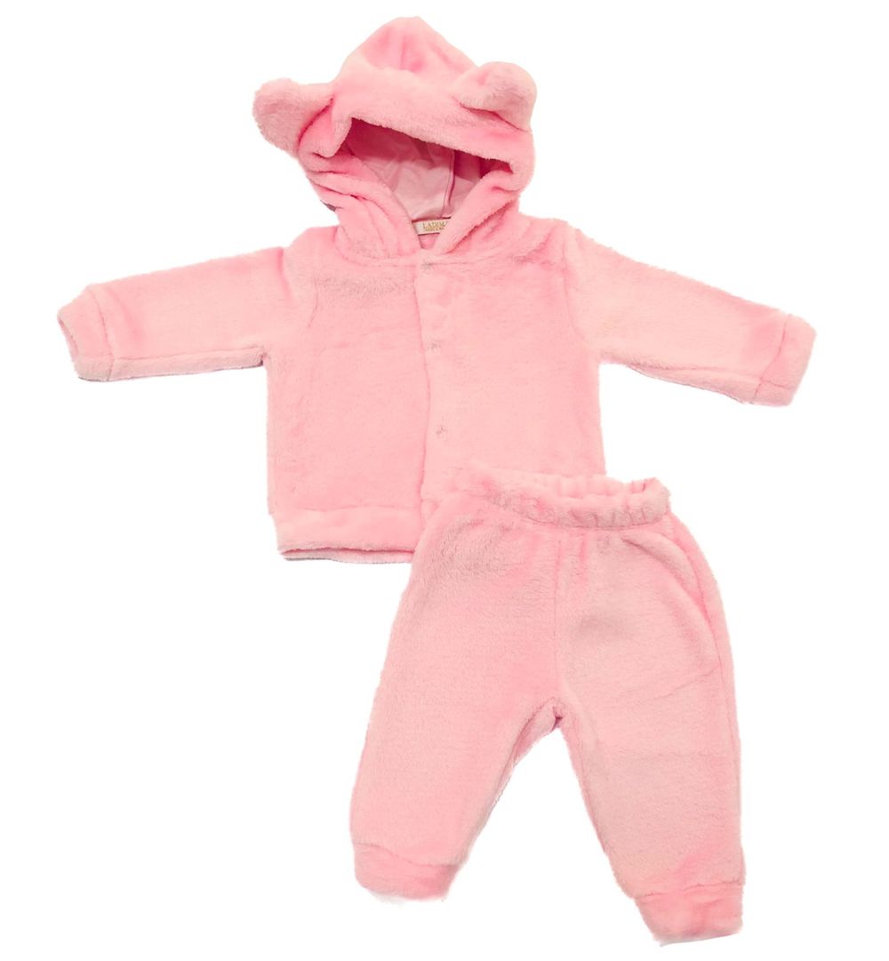 Conjunto Menina de Pelúcia Capuz com Orelhinhas e Calça Rosa