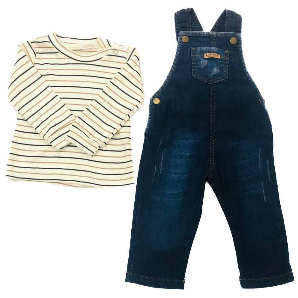 CONJUNTO BEBÊ MENINO COM JARDINEIRA JEANS E BLUSA LISTRADA