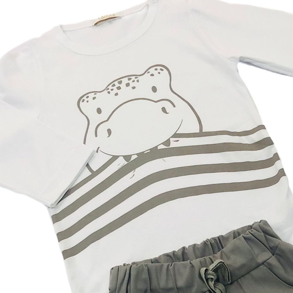 CONJUNTO INFANTIL BLUSA ESTAMPADA DINOSSAURO E CALÇA LISA CINZA