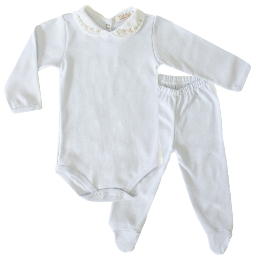 Body Manga Longa Bebê Menina Gola Bordada Flor e Calça Mijão