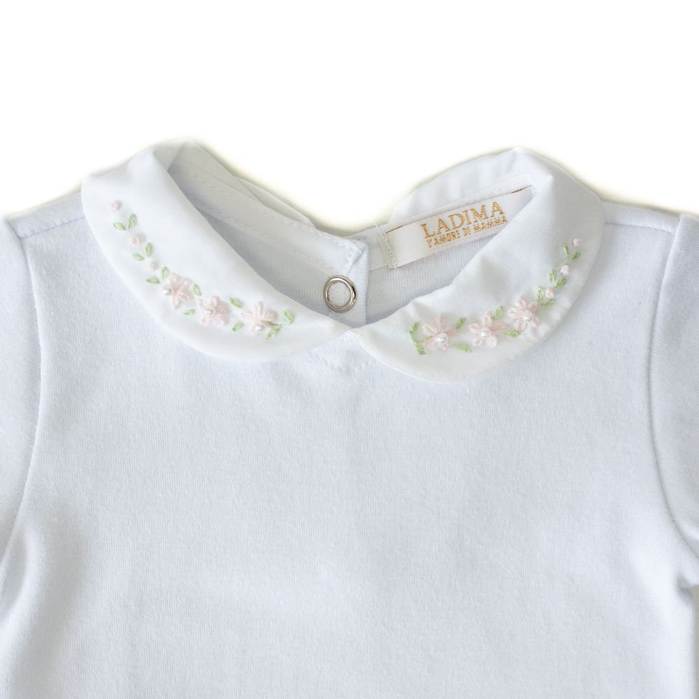 Body Manga Longa Bebê Menina Gola Bordada Flor e Calça Mijão