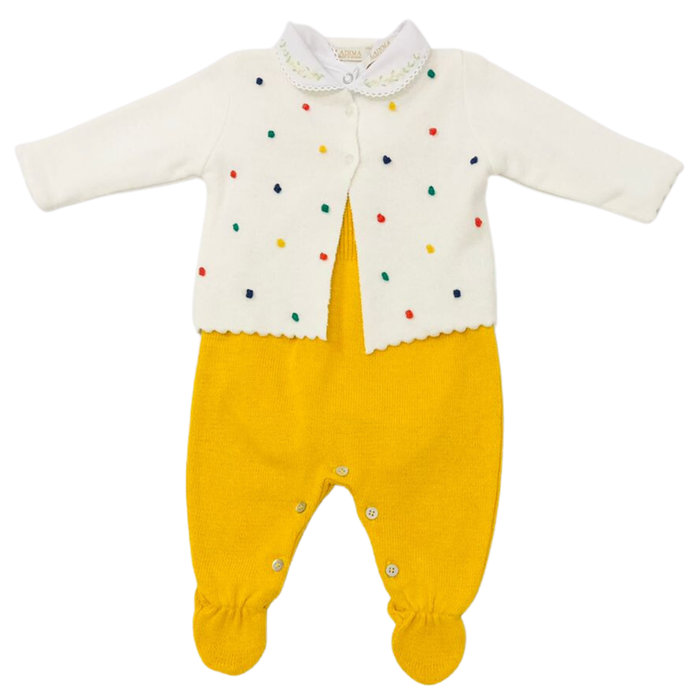 Conjunto Bebê em Tricô com Salopete e Casaquinho de Bolinhas
