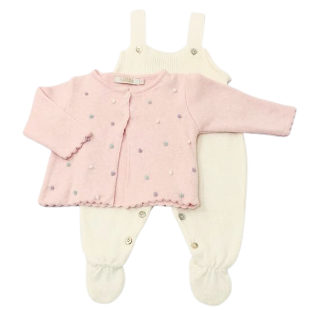 Conjunto Bebê em Tricô com Salopete e Casaquinho de Bolinhas