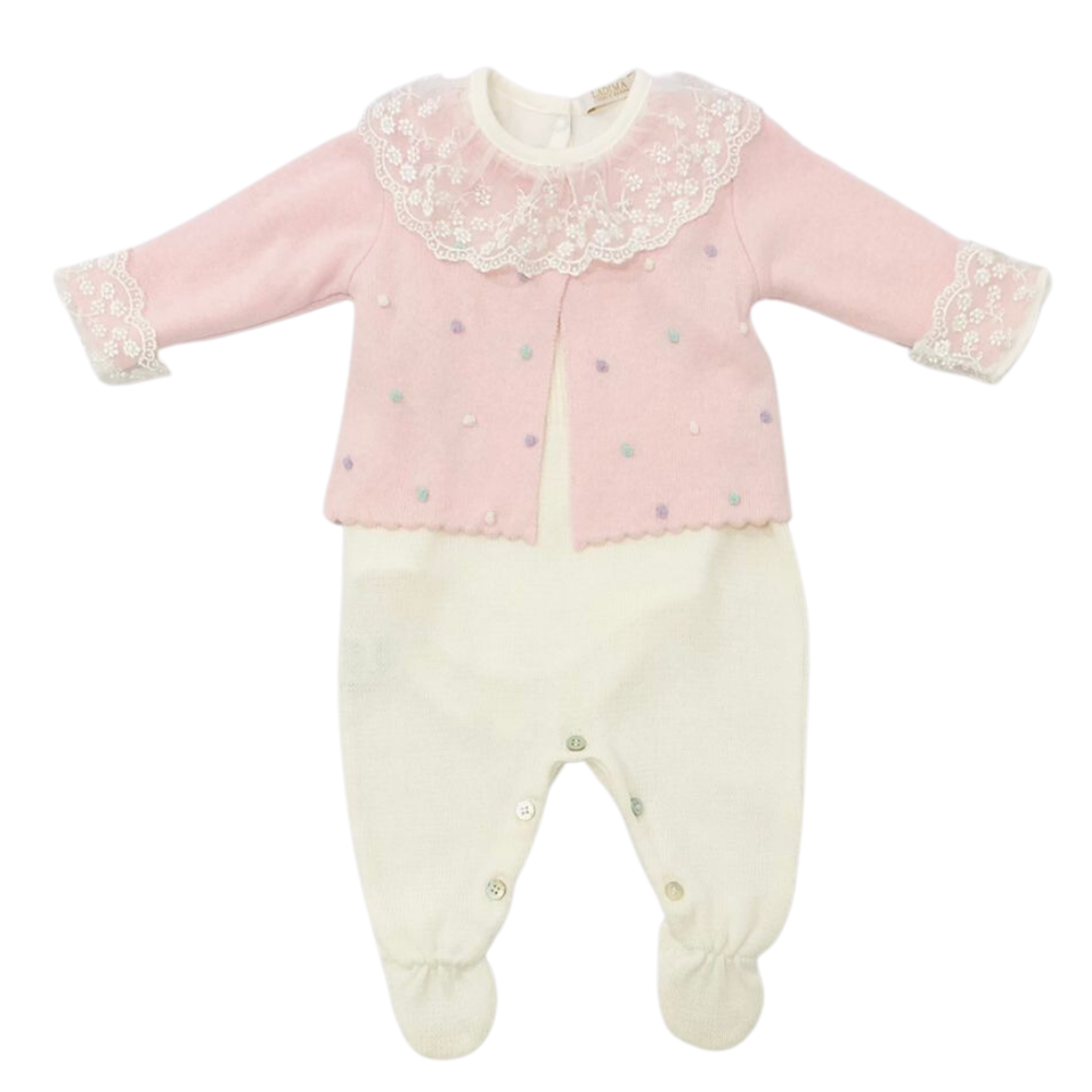 Conjunto Bebê em Tricô com Salopete e Casaquinho de Bolinhas