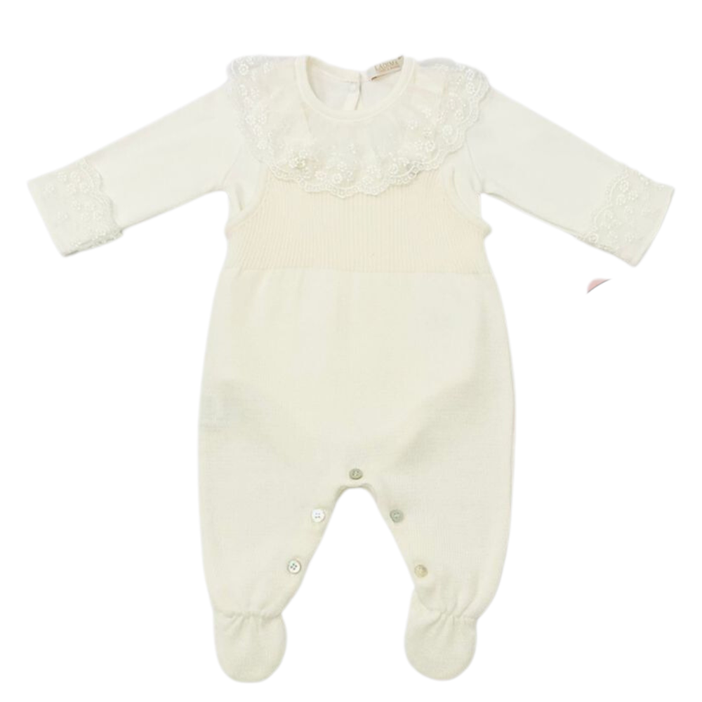 Conjunto Bebê em Tricô com Salopete e Casaquinho de Bolinhas