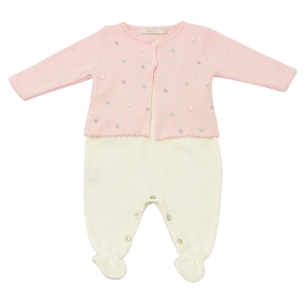 Conjunto Bebê em Tricô com Salopete e Casaquinho de Bolinhas
