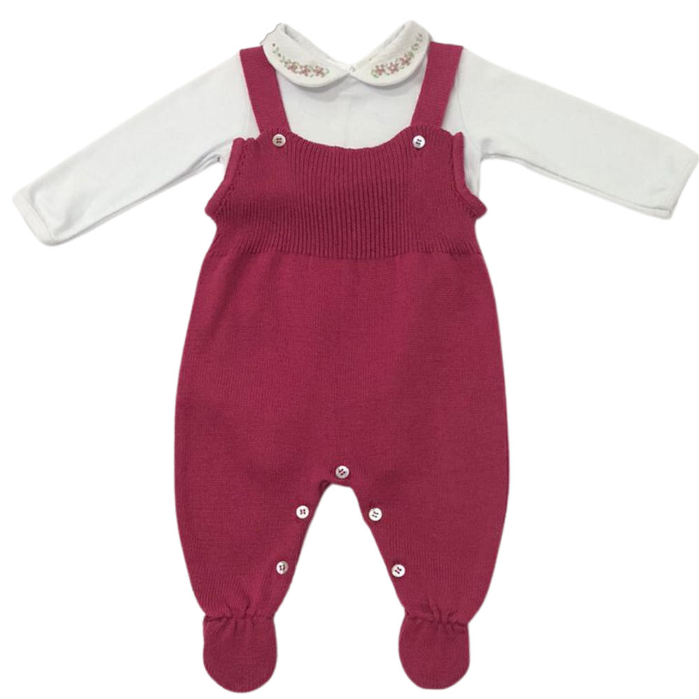 Conjunto Bebê em Tricô com Salopete e Casaquinho de Bolinhas