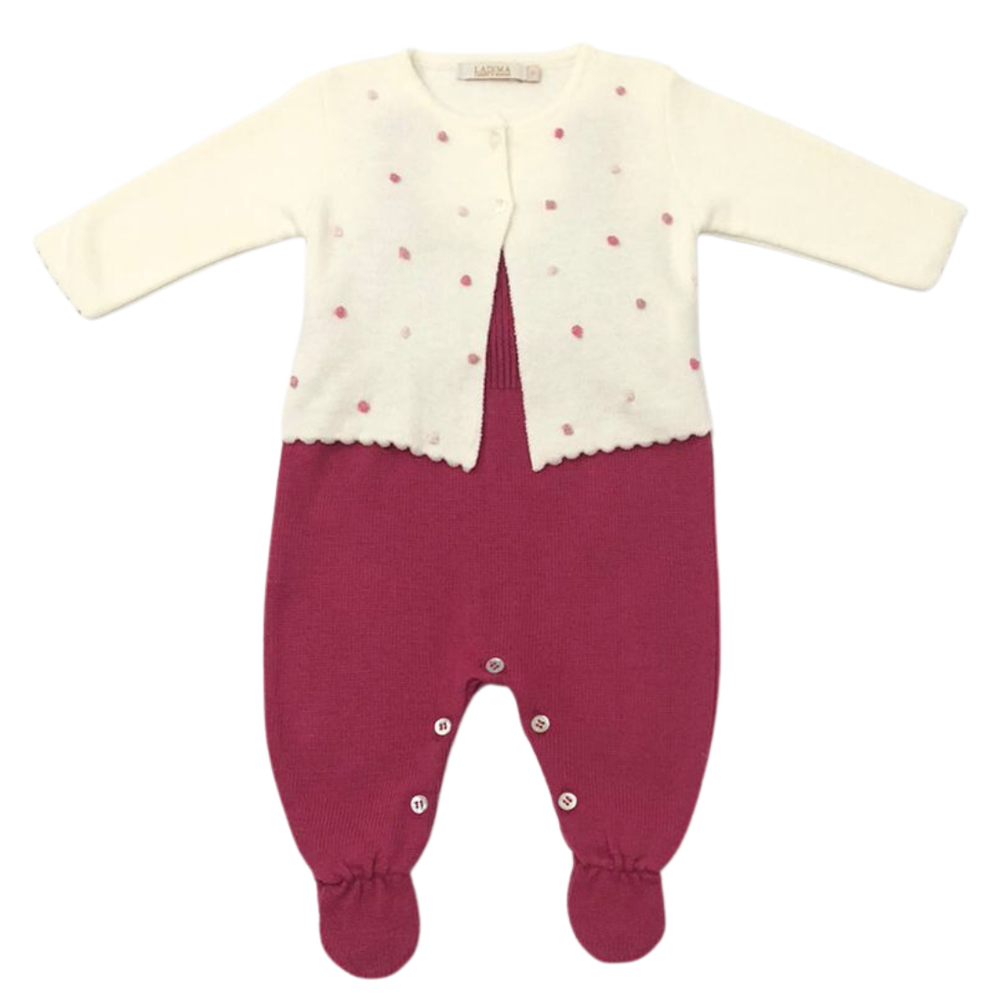 Conjunto Bebê em Tricô com Salopete e Casaquinho de Bolinhas