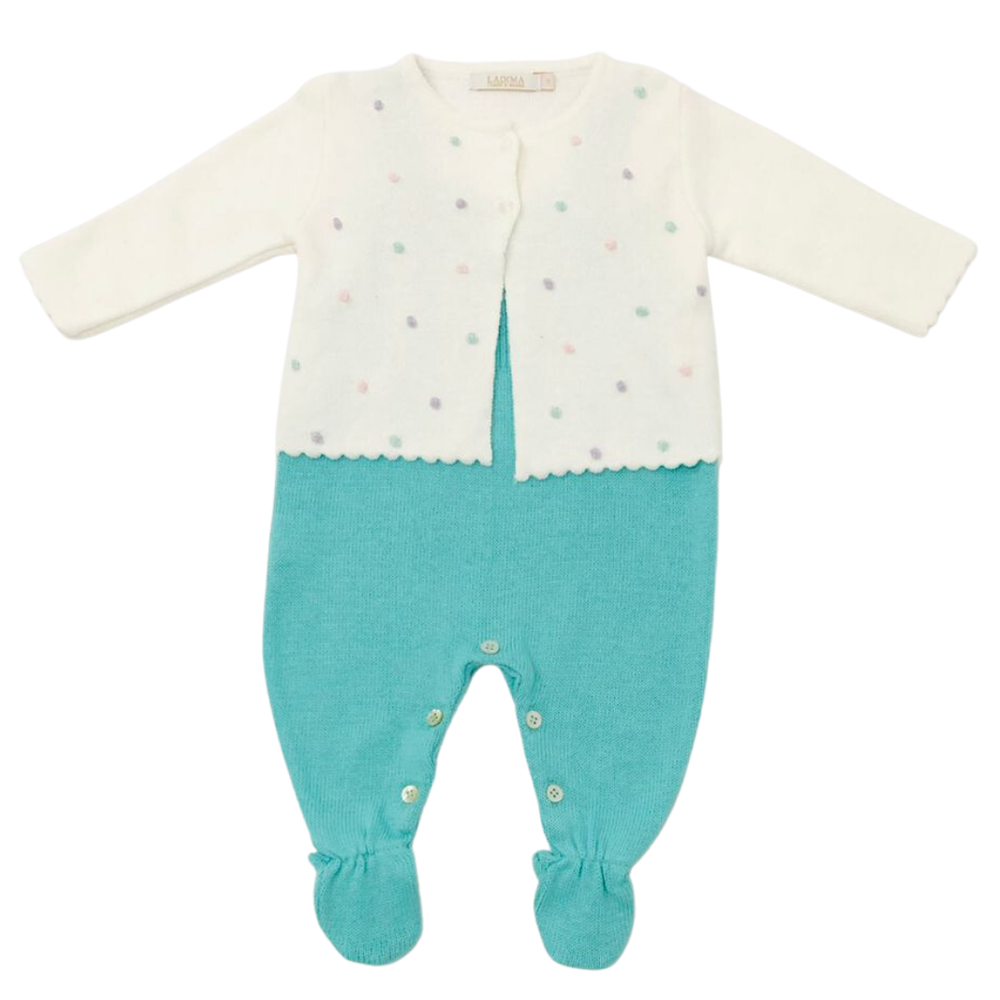 Conjunto Bebê em Tricô com Salopete e Casaquinho de Bolinhas