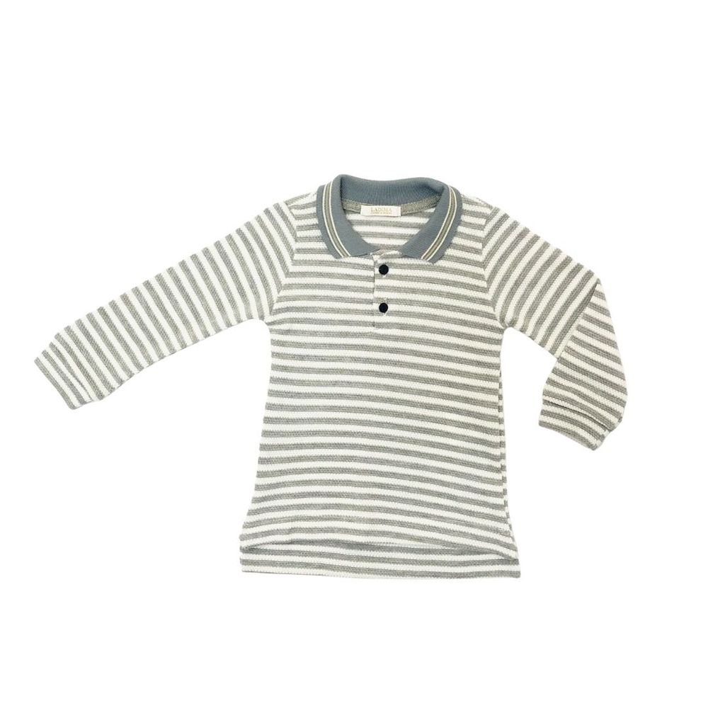 CONJUNTO MENINO BLUSA LISTRADA GOLA POLO E CALÇA CINZA
