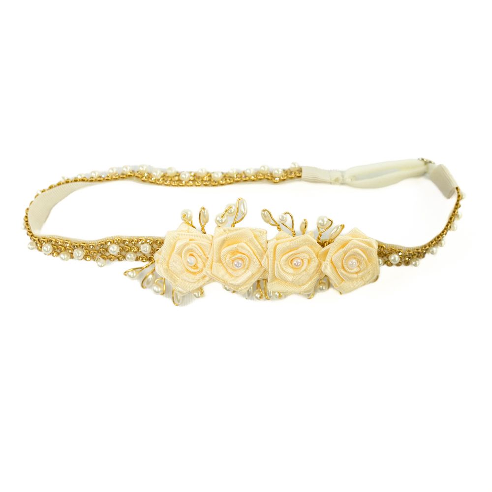 Faixa de Cabelo Bebê de Strass com Quatro Flores e Pérolas