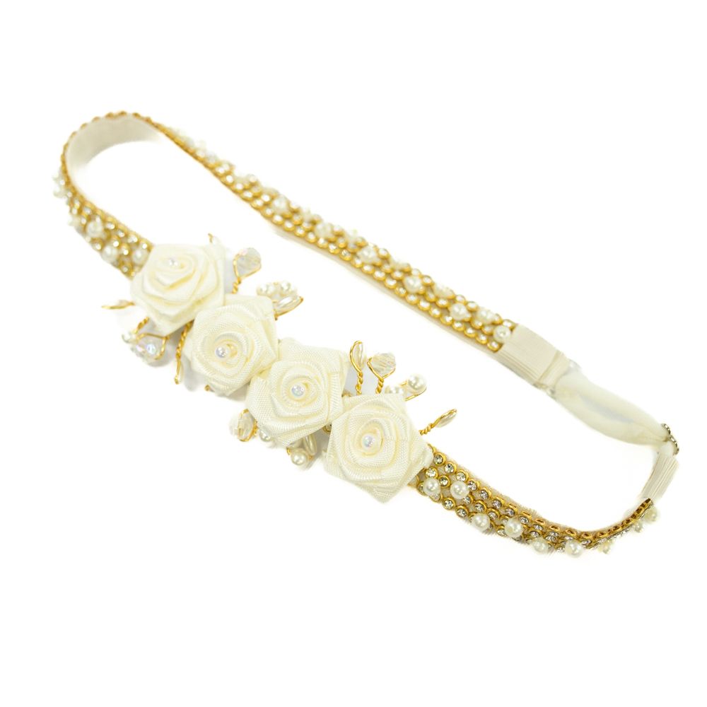 Faixa de Cabelo Bebê de Strass com Quatro Flores e Pérolas