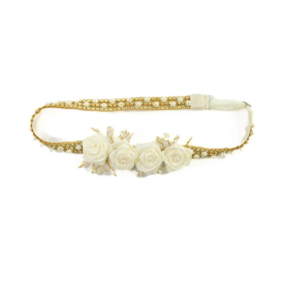 Faixa de Cabelo Bebê de Strass com Quatro Flores e Pérolas