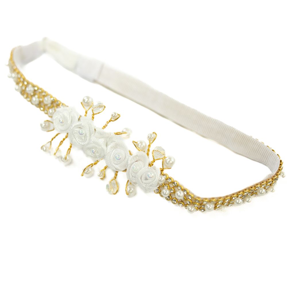 Faixa de Cabelo Bebê de Strass com Flores e Pérolas