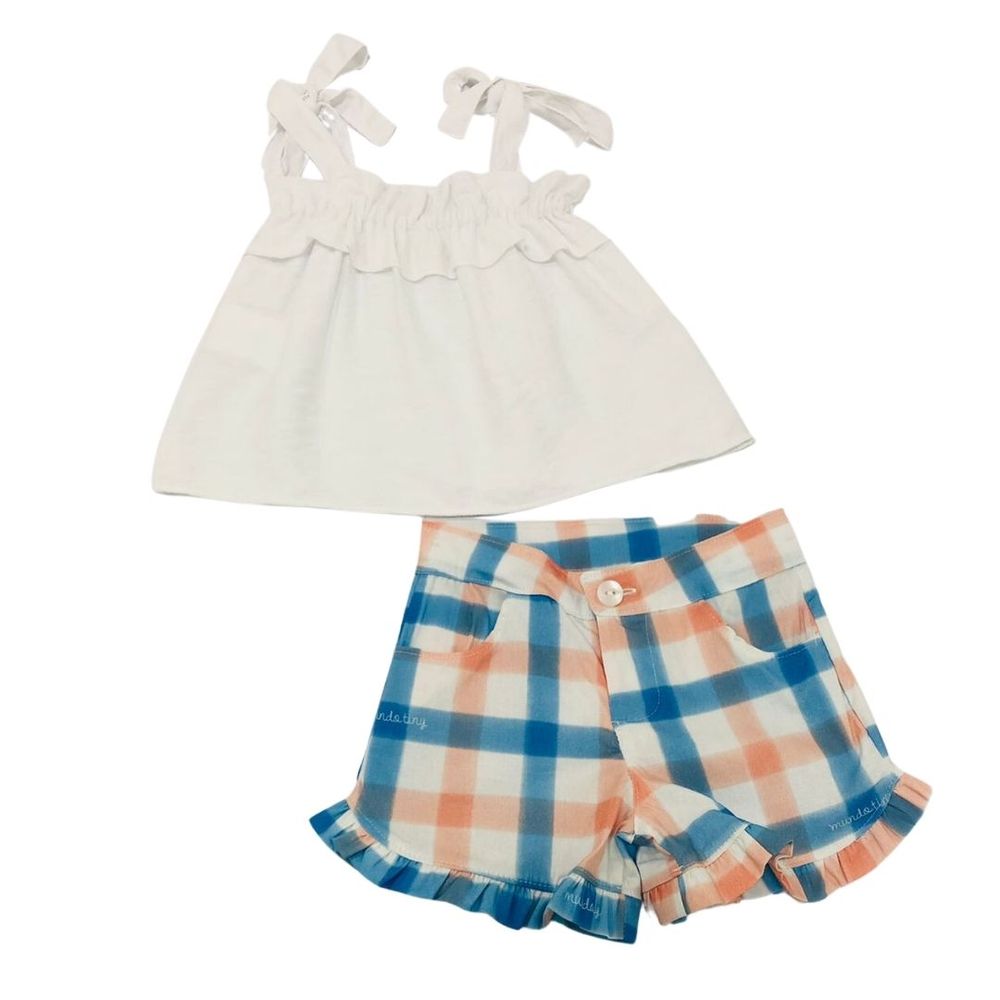 Conjunto Infantil Menina com Bata Branca E Shorts xadrez