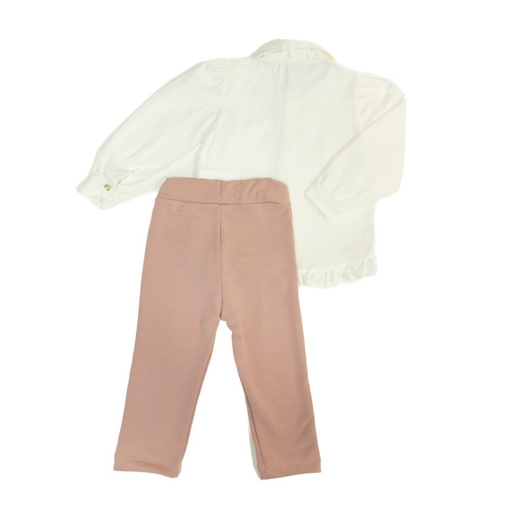 Conjunto Camisete de Botão com Babado e Calça Rosê 