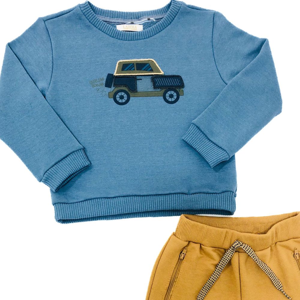 CONJUNTO INFANTIL MENINO COM BLUSA MOLETOM CARRINHO E CALÇA