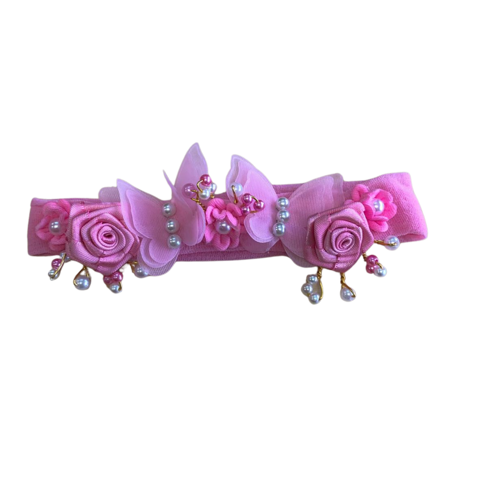 FAIXA DE CABELO BORBOLETA FLORES DE CETIM E PÉROLAS