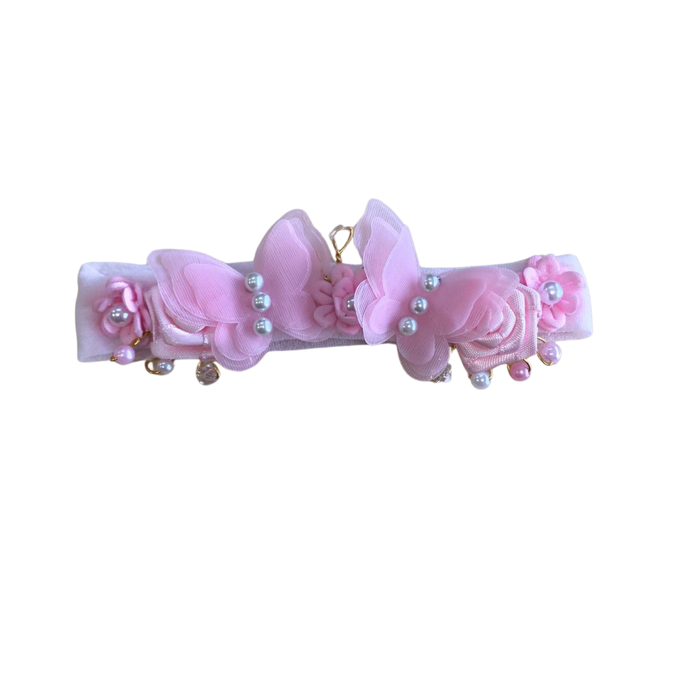 FAIXA DE CABELO BORBOLETA FLORES DE CETIM E PÉROLAS