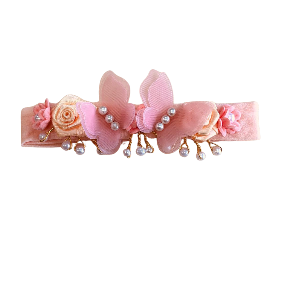 FAIXA DE CABELO BORBOLETA FLORES DE CETIM E PÉROLAS