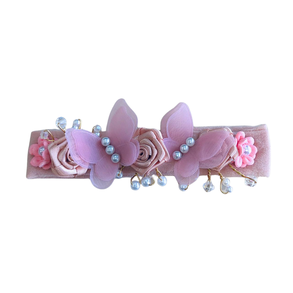 FAIXA DE CABELO BORBOLETA FLORES DE CETIM E PÉROLAS